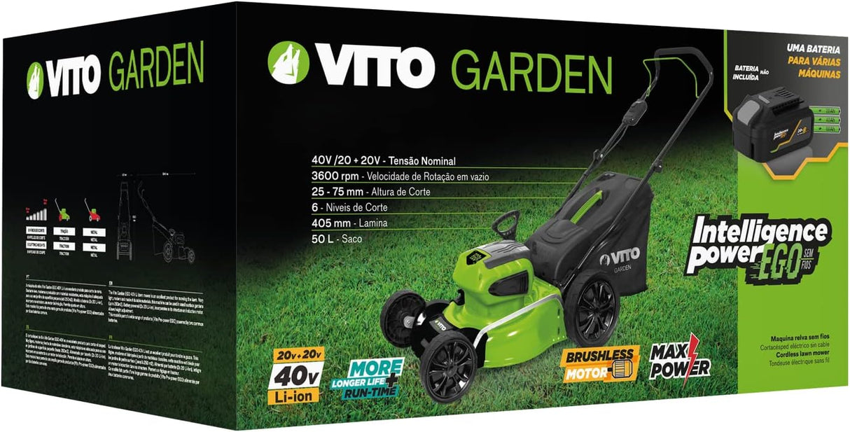 VITO Akku Rasenmäher 40V inkl. 2x 20V 4Ah Akkus und Ladegerät - bürstenloser Motor - 40L - VIBCMRSFL40SET