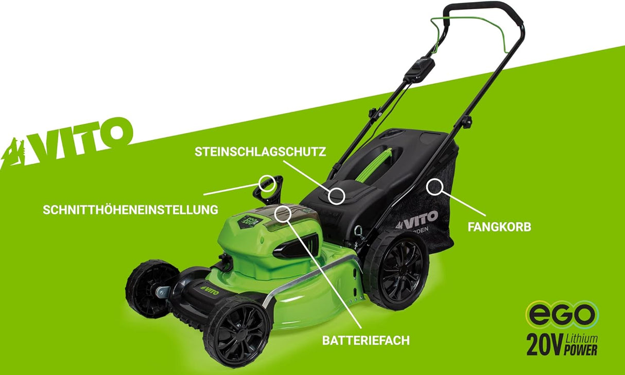 VITO Akku Rasenmäher 40V inkl. 2x 20V 4Ah Akkus und Ladegerät - bürstenloser Motor - 40L - VIBCMRSFL40SET
