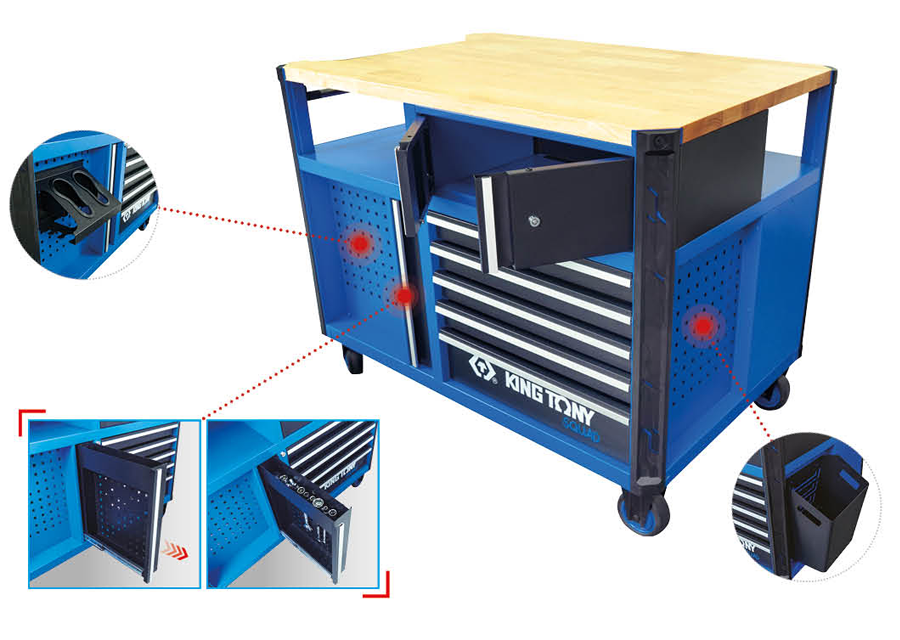 KING TONY Profi-Werkzeuge - Werkzeugwagen "Superb workbench" mit Arbeitsplatte aus Holz 87SQ3410BABK