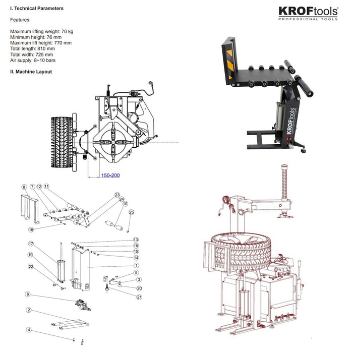 KROFtools 70 kg Reifenheber für Reifenmontiermaschinen, Radlifter, Reifen Lift, Reifenheber Pneumatischer Antrieb - Radheber Lifter - 9024