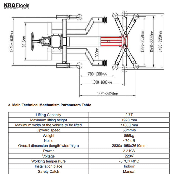 KROFtools 1 Säulen Hebebühne 2.7 t - Mobil - Portabel - 2700kg 1 Pfosten Hebebühne - 9801