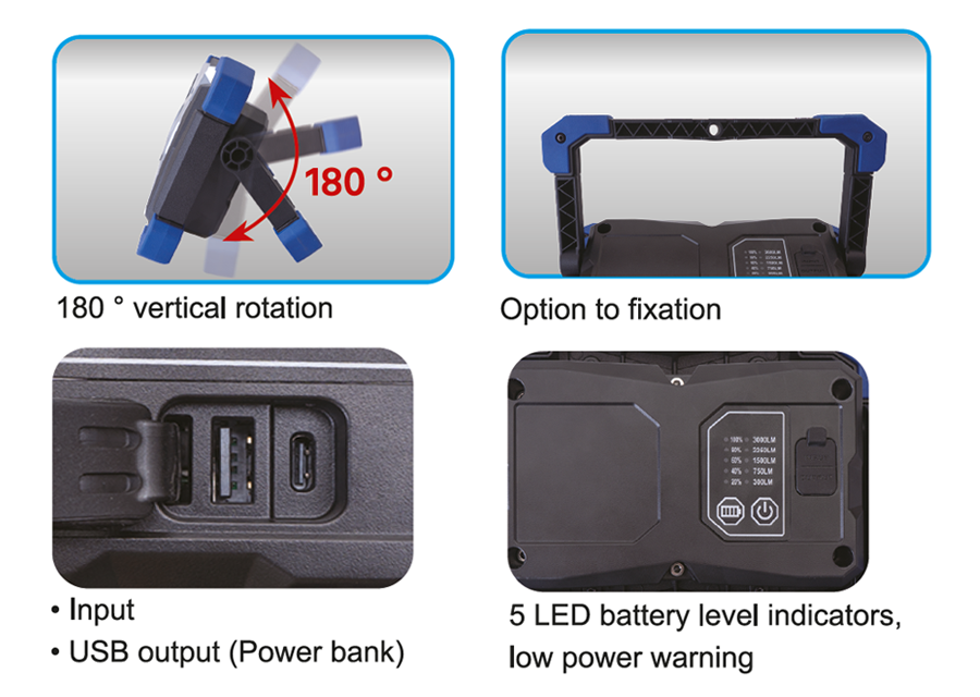 KING TONY Profi-Werkzeuge - 30W Wiederaufladbarer Scheinwerfer mit Powerbank-Akku 9TA48AA