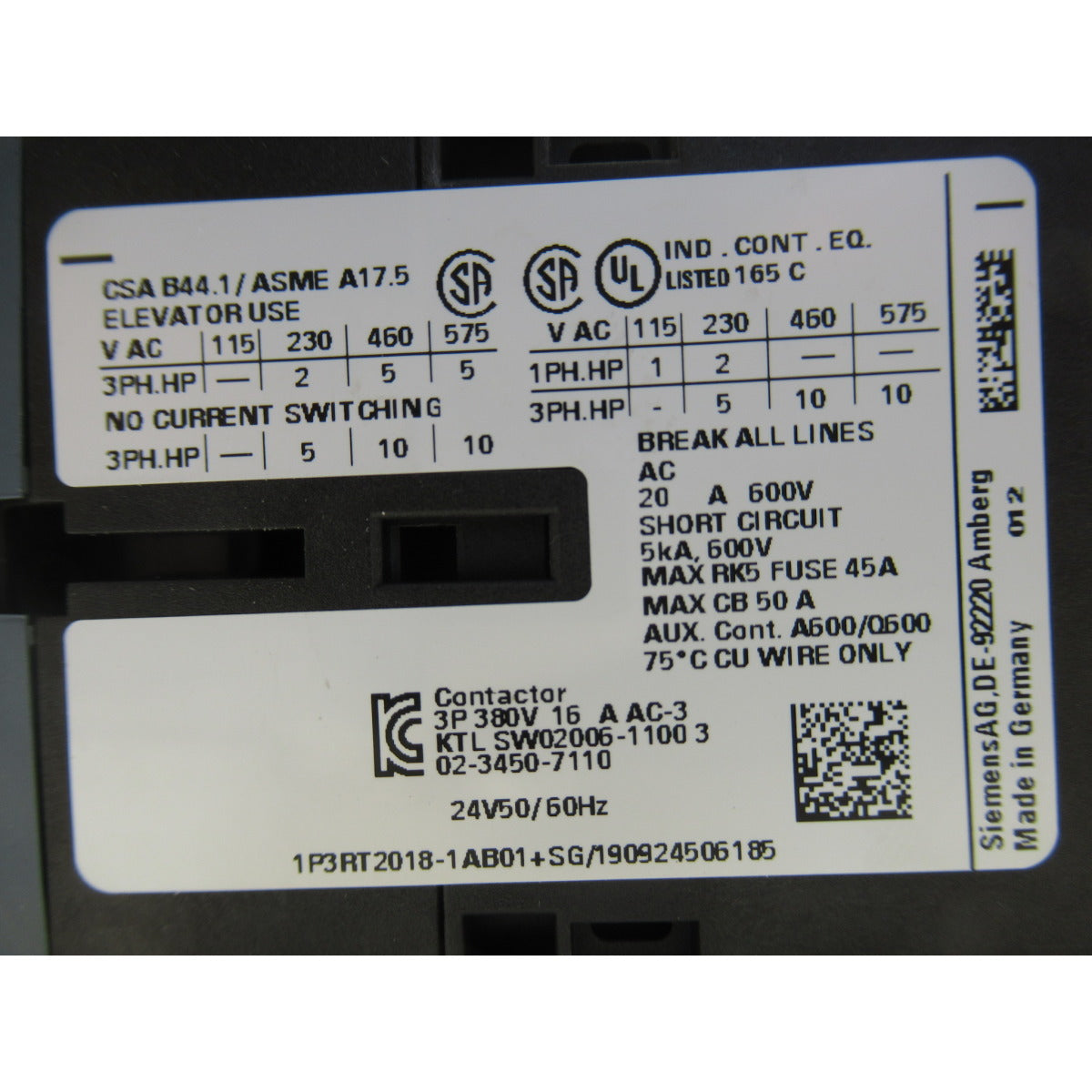 Aircraft Schütz 16A / 24V #005644000 / SIEMENS 3RT2018-1AB01 - Art. 0005644000