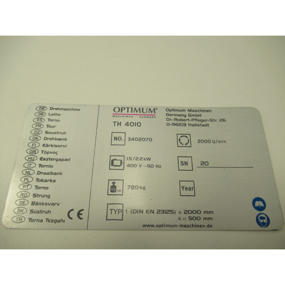 OPTIMUM Maschinenlabel TH4010 SM-03402070L03