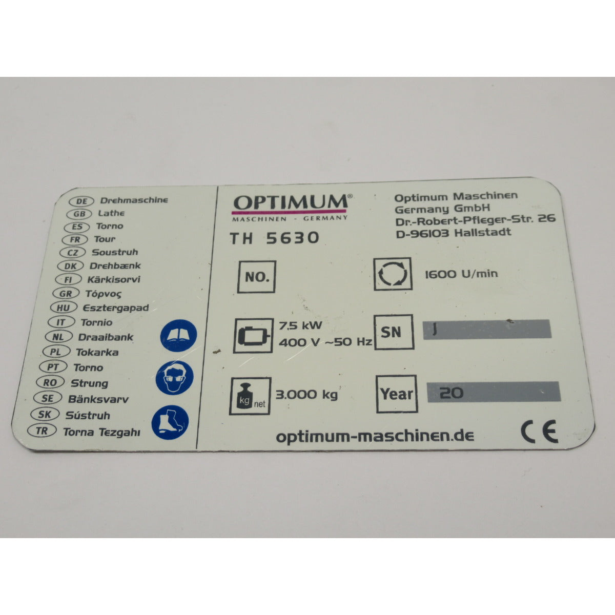 OPTIMUM Maschinenlabel TH5630 SM-03432180L03