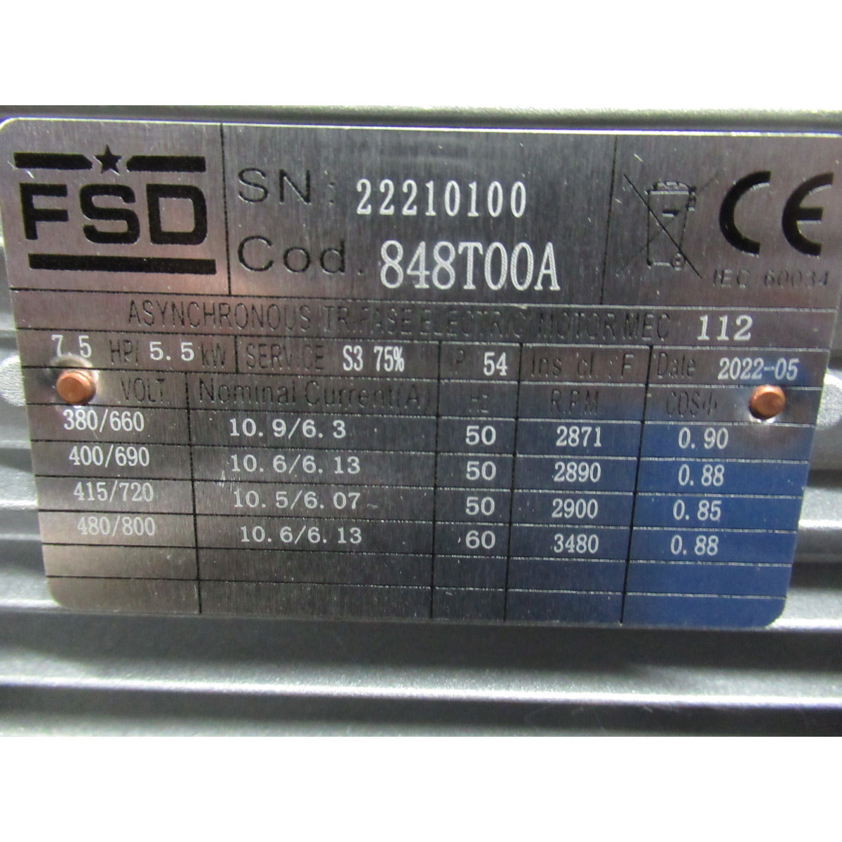 Fini Motor 5,5kW / 400V / 7,5HP 112 / S3-75 848T00A - Art. 0848T00A