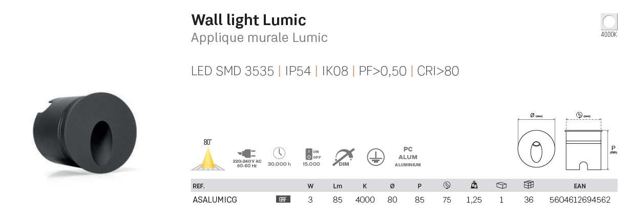 ASLO 3W Graphit-Wandeinbauleuchte IP65 LED Einbau Orientierungsleuchte für die Wand 4000K