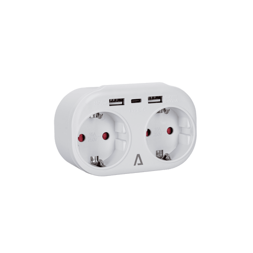 ASLO 2-Wege-Schuko-Adapter 2X2P+E 16A / 2Xusb A + 1Xusb C ASFDUSB