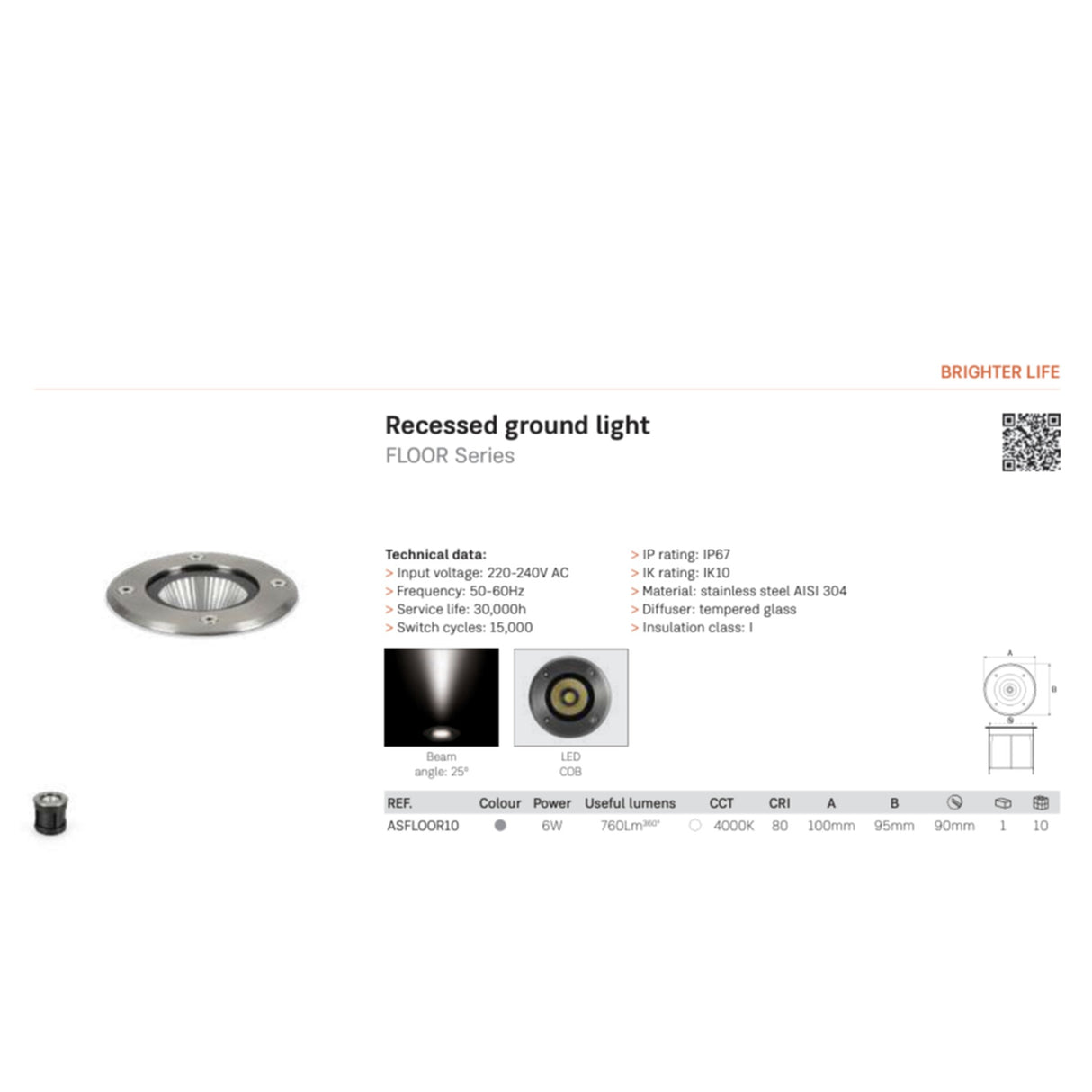ASLO LED Bodeneinbauleuchte 6W,  Ø 90mm 4000K Neutralweiß, Edelstahl AISI 304, IP67 Wasserdicht, IK10 Schlagfest – Modell ASFLOOR10