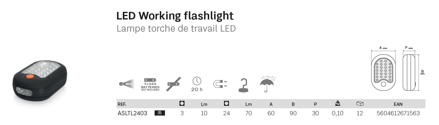 ASLO LED-Arbeitstaschenlampe - LED Werkstattleuchte mit 24+3 LEDs, Magnet und Haken