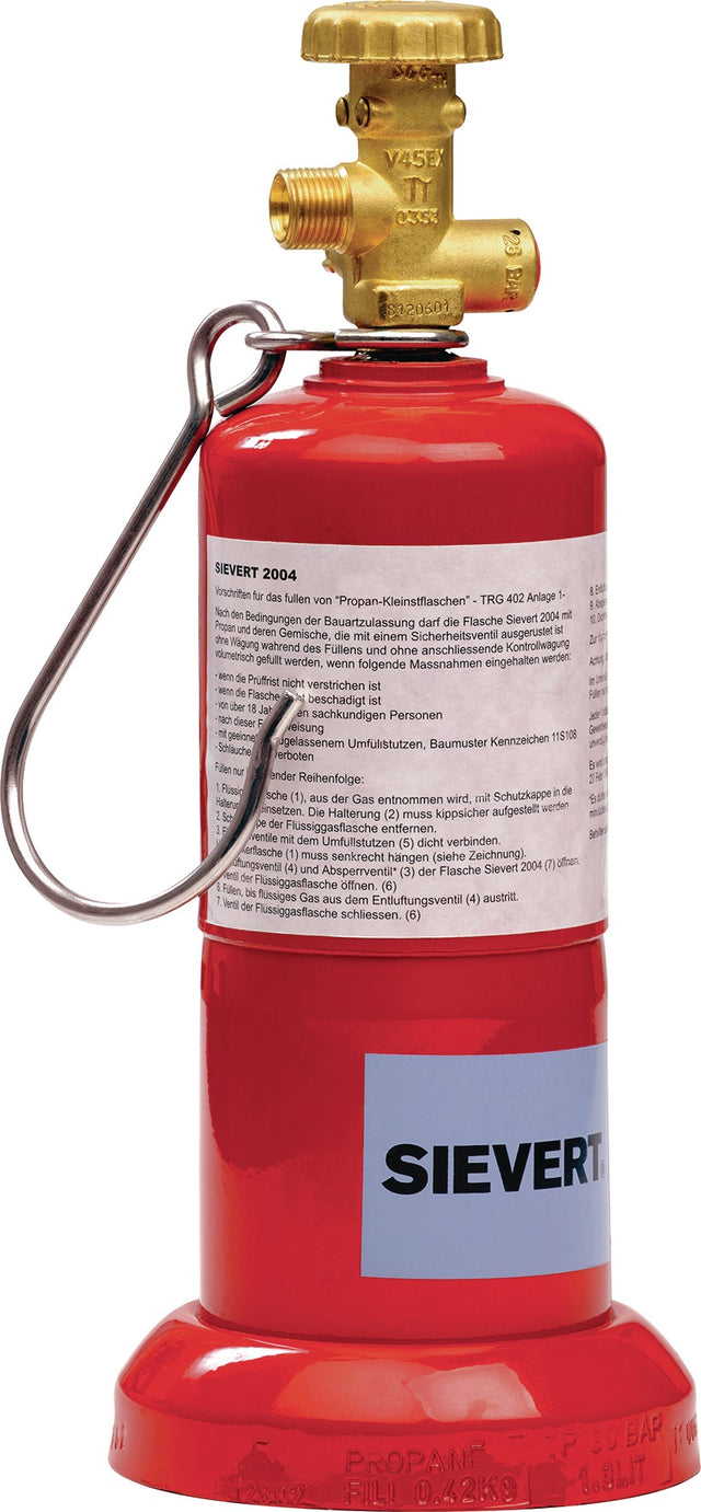SIEVERT Propangasflasche 425g mit G 3/8" LH Anschluss – Kleinstflasche mit Standfuß & Aufhängehaken