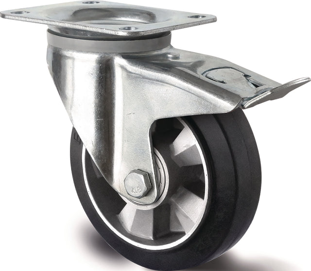 TECWERK Schwerlastlenkrolle 160 mm mit Totalfeststeller, 400 kg Tragfähigkeit, Elastikgummi