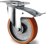 TECWERK Schwerlastlenkrolle mit Totalfeststeller, Rad-Ø 125 mm, Tragkraft 700 kg, Guß-Polyurethan, Plattenmaß 135x110 mm