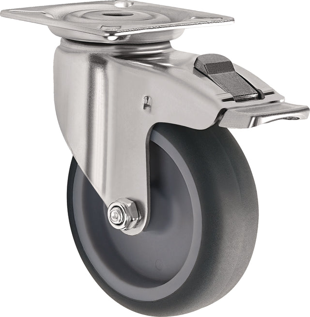 TECWERK Lenkrolle 75 mm mit Totalfeststeller, Gleitlager und grauer Gummibereifung