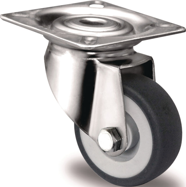 TECWERK Edelstahl-Lenkrolle 50 mm, 50 kg Tragkraft, TPE-Lauffläche, Gleitlager, mit Anschraubplatte