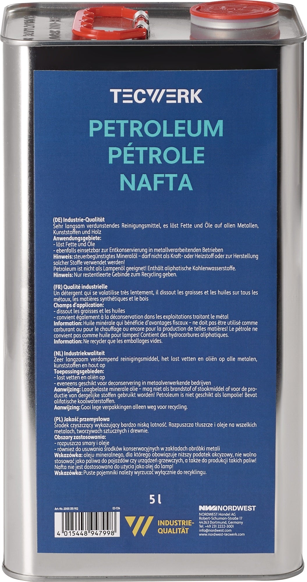 TECWERK Petroleum 1l Dose – Reinigungsmittel für Metall, Kunststoff und Glas