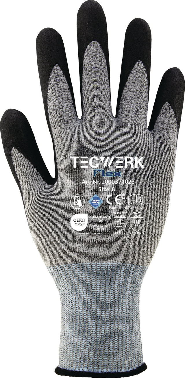 TECWERK Handschuhe Flex Gr.8 grau/schwarz EN 388 PSA II – Nitril-Mikroschaum, touchscreenfähig