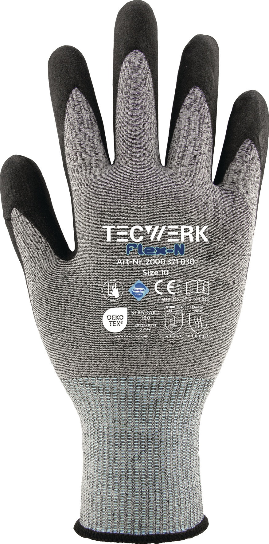 TECWERK Handschuhe Flex Gr.8 grau/schwarz EN 388 PSA II – Nitril-Mikroschaum, touchscreenfähig