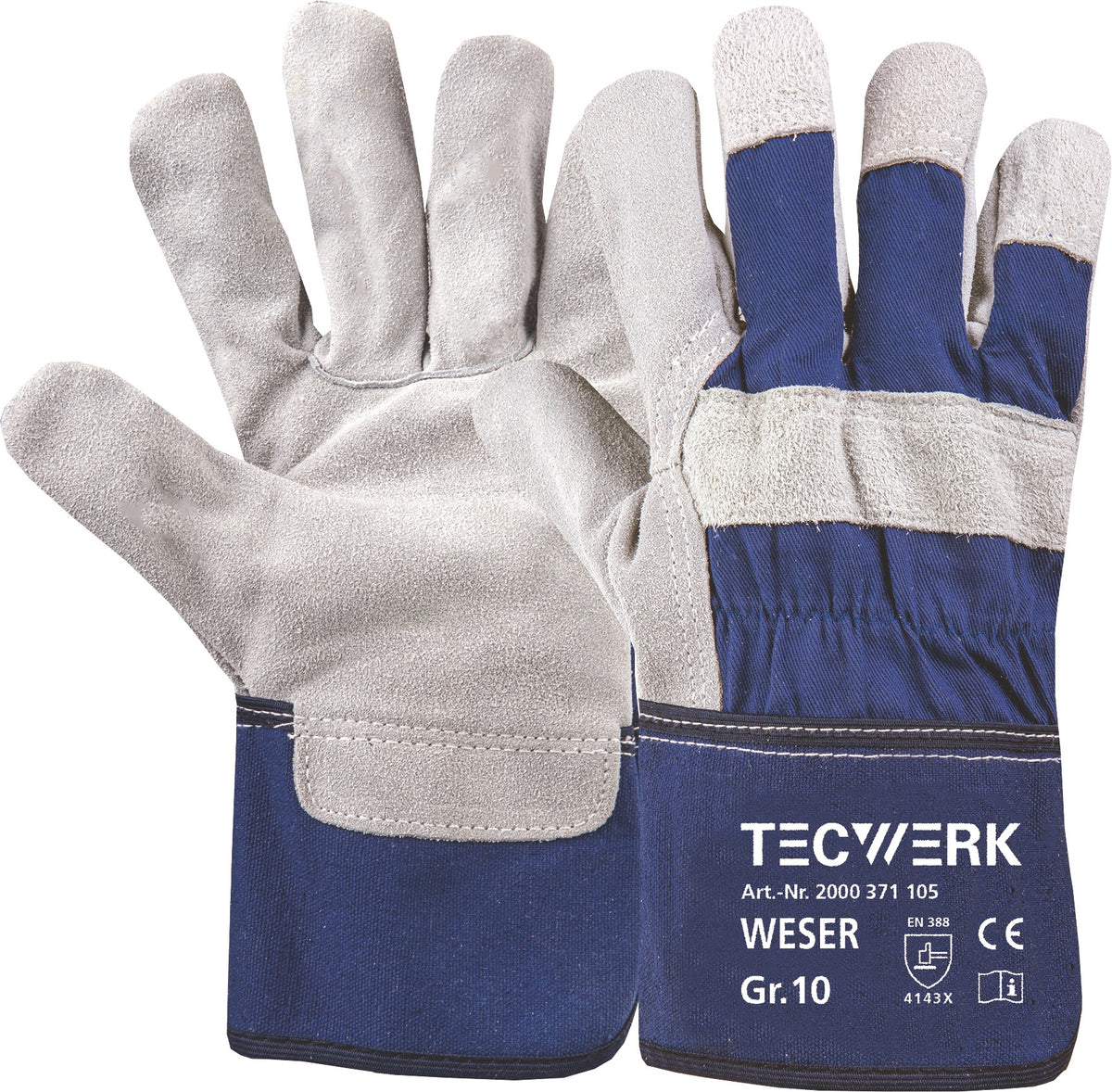 TECWERK Handschuhe Weser Gr. 10 blau EN 388 PSA Kat. II Rindkernspaltleder – 12 Paar