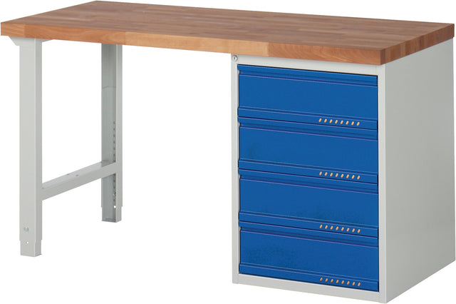TECWERK Werkbank Serie BK 650 mit 4 Schubladen, Buche massiv, 1500 x 700 mm, grau/blau