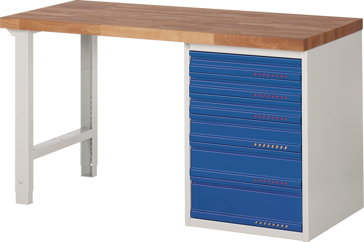 TECWERK Werkbank Serie BK 650 – 1500 mm, 12 Schubladen, Buche, lichtgrau/enzianblau