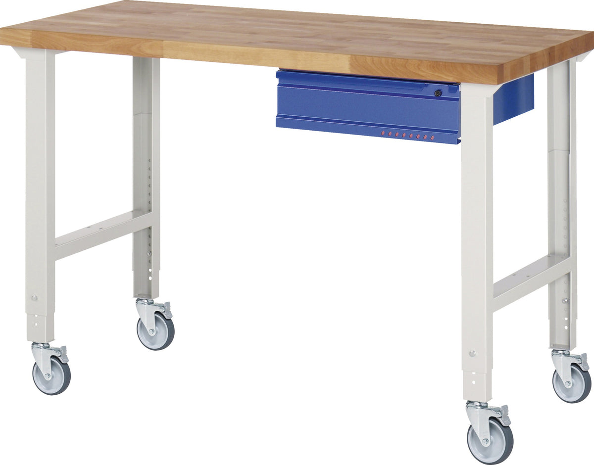 TECWERK Werkbank 1500x700x950-1000 mm Buche massiv lichtgrau/blau mit 1 Schublade