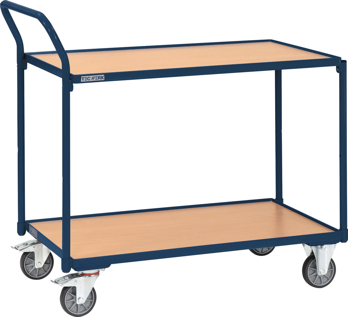 TECWERK Tischwagen 2 Ladeflächen 850x500 mm saphirblau – 300 kg Tragfähigkeit, senkrechter Schiebebügel