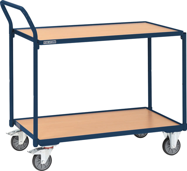 TECWERK Tischwagen 2 Ladeflächen 850x500 mm saphirblau – 300 kg Tragfähigkeit, senkrechter Schiebebügel