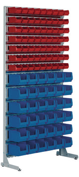 Mauser Ständerregal einseitig 2010x1010x400 mm mit 63x MK5 rot und 36x MK4 blau Sichtlagerkästen