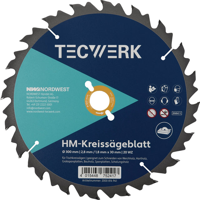 TECWERK Tischkreissägeblatt AD 300 mm Z20 WZ – Präzise Schnitte in Holz und Platten