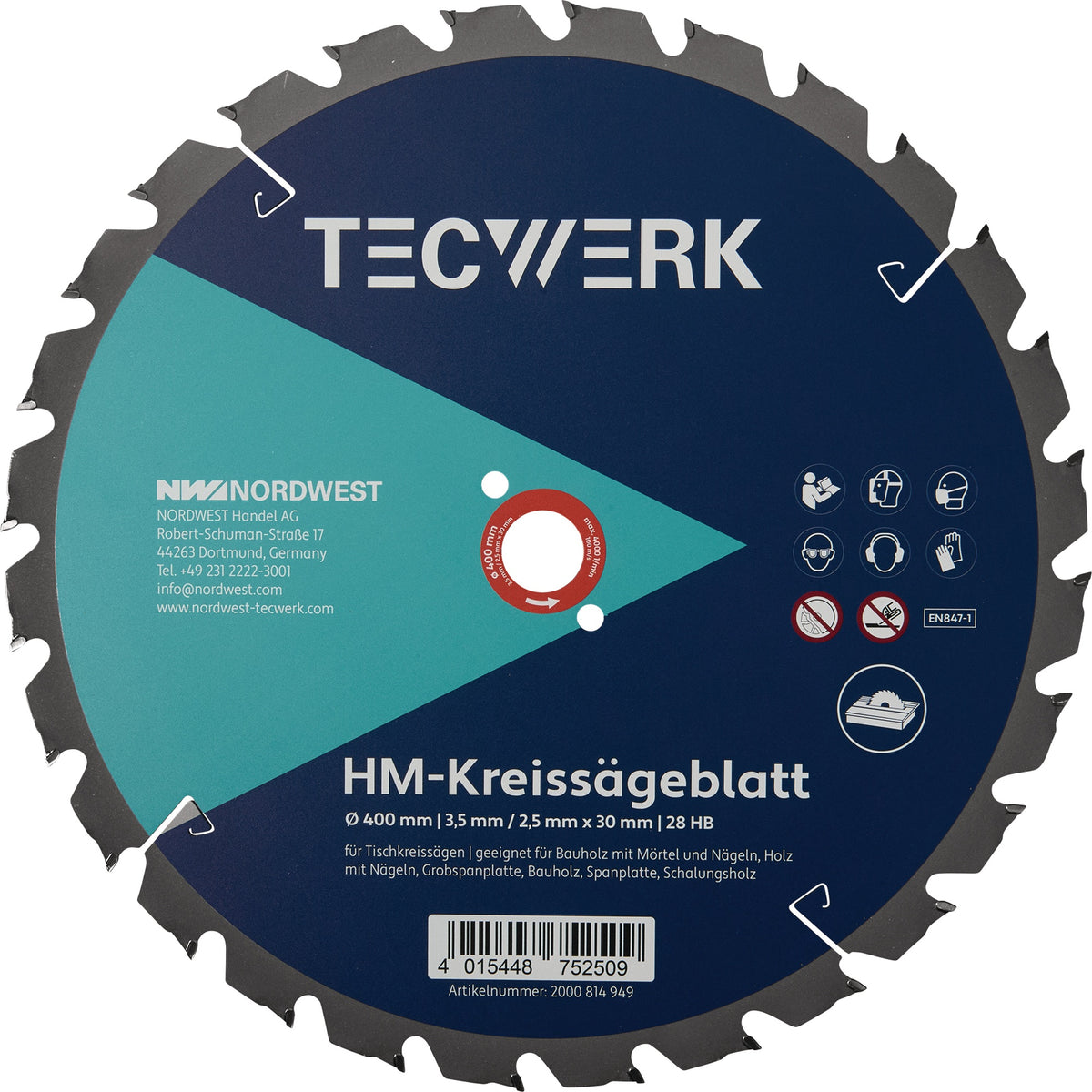 TECWERK Tischkreissägeblatt 400 mm Z28 HB für Bauholz und Nägel
