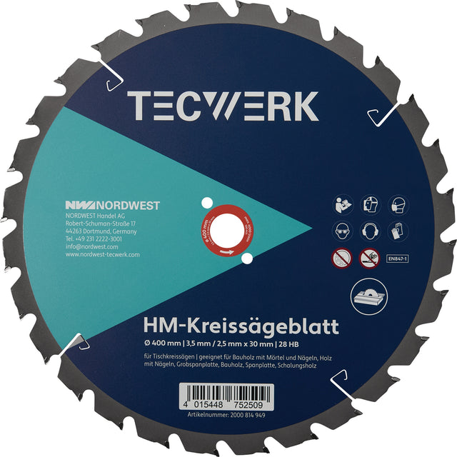 TECWERK Tischkreissägeblatt 400 mm Z28 HB für Bauholz und Nägel