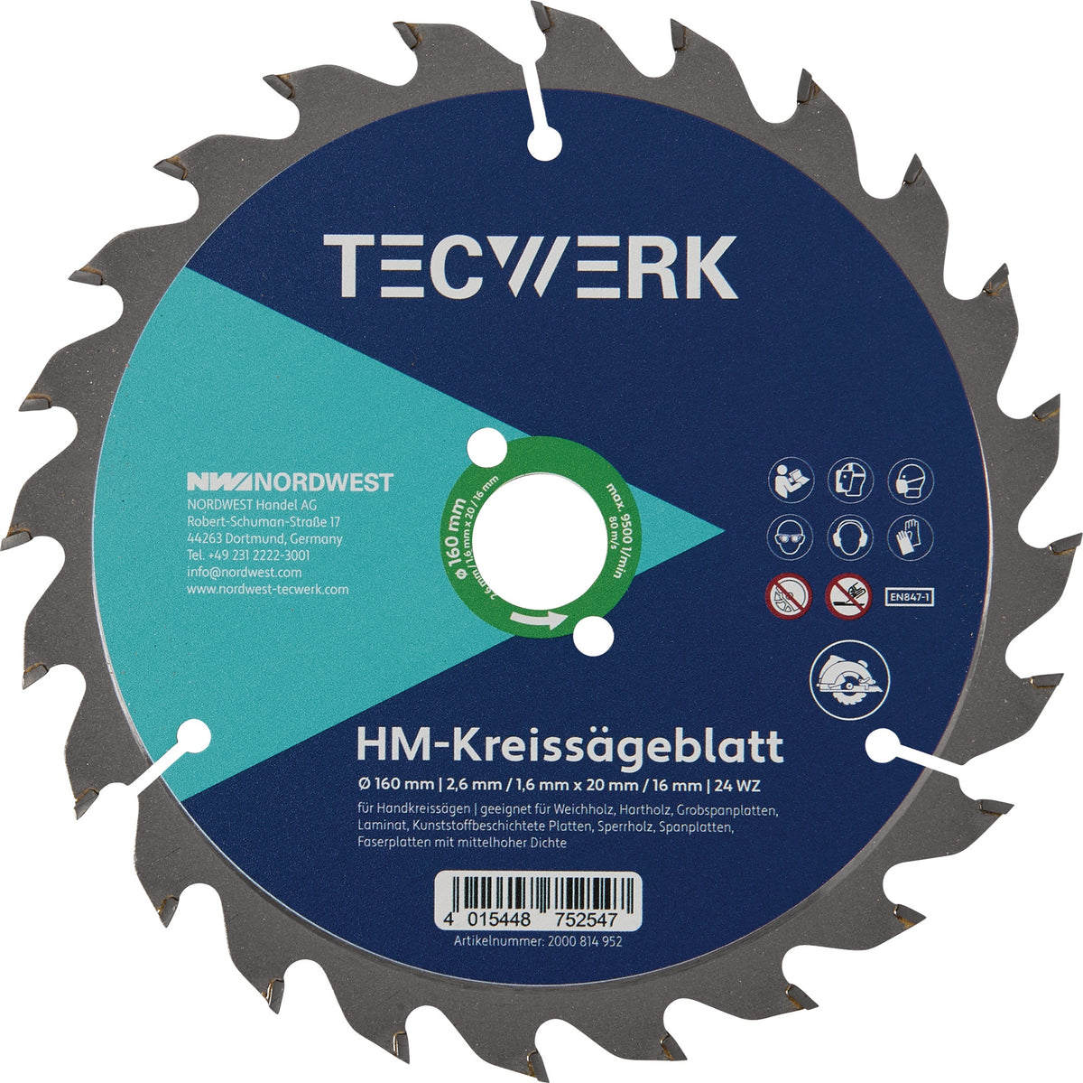 TECWERK Handkreissägeblatt 160 mm, 24 Zähne, WZ, für Holz & Kunststoff