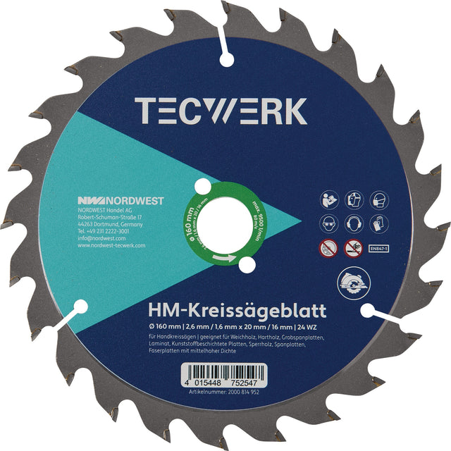 TECWERK Handkreissägeblatt 160 mm, 24 Zähne, WZ, für Holz & Kunststoff