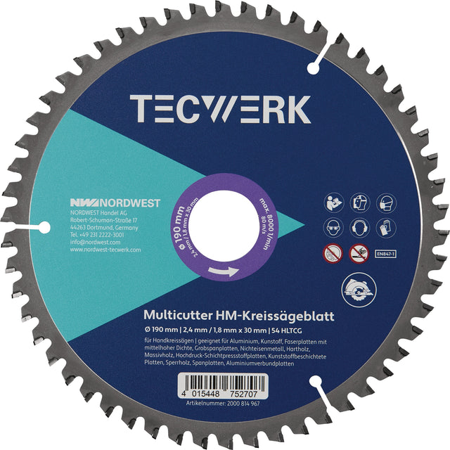 TECWERK Handkreissägeblatt AD 190 mm Z.54 HLTCG – für Holz, Aluminium & Kunststoff