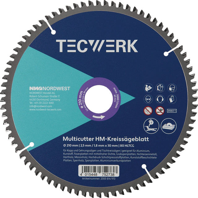 TECWERK Tisch-/Kappkreissägeblatt 210 mm Z80 HLTCG für Aluminium, Kunststoff und Holz