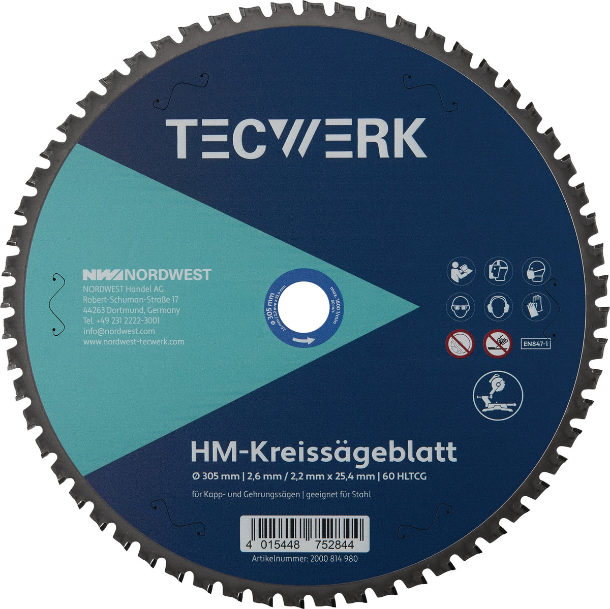 TECWERK Tisch-/Kappkreissägeblatt 305 mm Z60 HLTCG für Stahl, Bohrung 25,4 mm