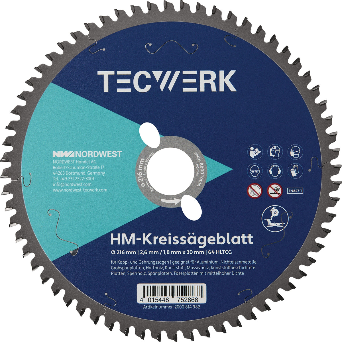 TECWERK Kappkreissägeblatt 216 mm Z64 HLTCG für Aluminium, Holz und Kunststoff