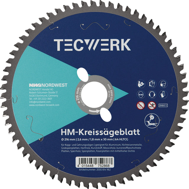 TECWERK Kappkreissägeblatt 216 mm Z64 HLTCG für Aluminium, Holz und Kunststoff