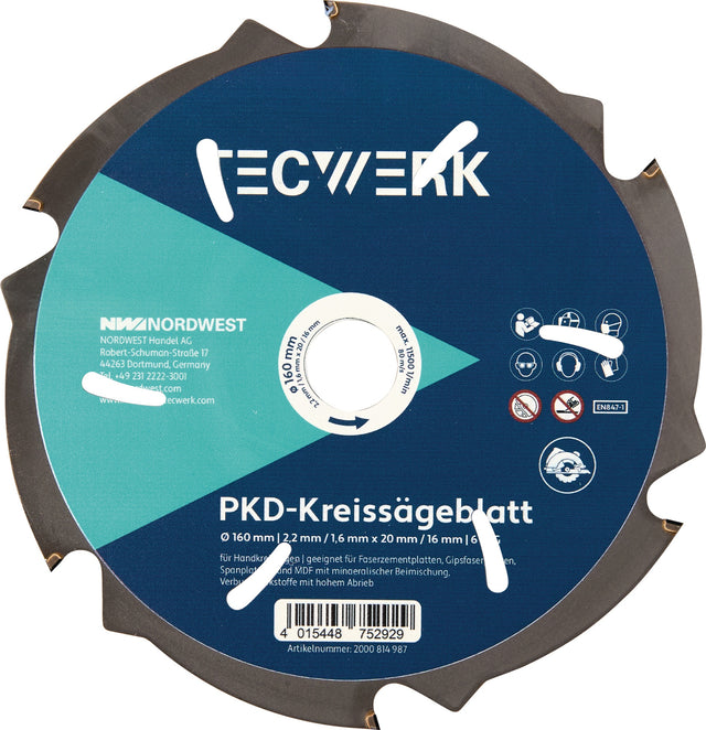 TECWERK Handkreissägeblatt AD 160 mm Z6 PKD – Für Faserzement, Gipsfaser, Spanplatten und MDF