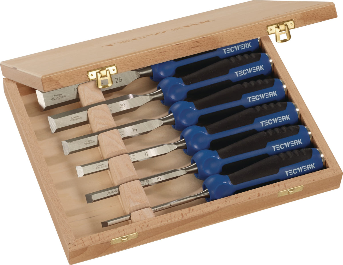 TECWERK Stechbeitelsatz 6-teilig 6-26 mm CV-Stahl 2-Komponentenheft Holzkasten