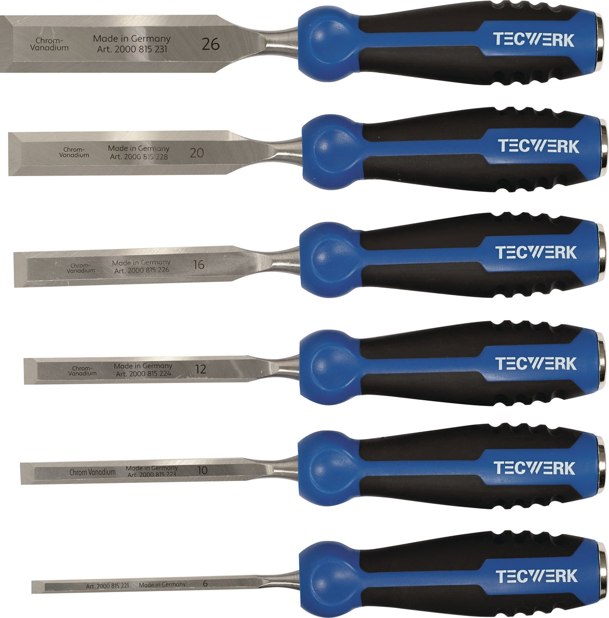 TECWERK Stechbeitelsatz 6-teilig 6-26 mm CV-Stahl 2-Komponentenheft Holzkasten