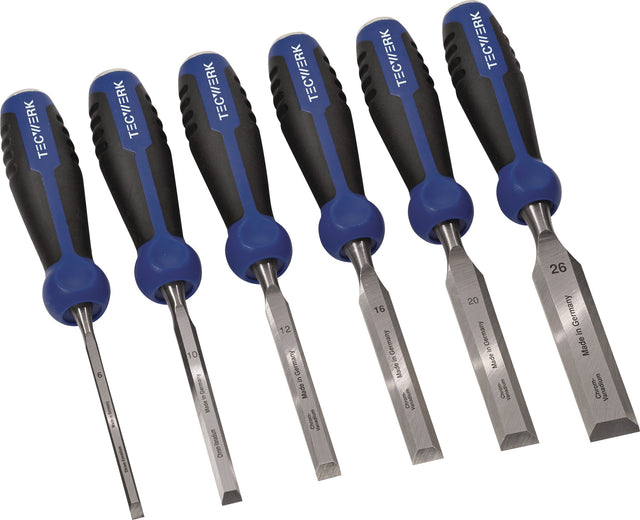 TECWERK Stechbeitelsatz 6-teilig 6–26 mm CV-Stahl mit 2-Komponentenheft und Schlagknopf