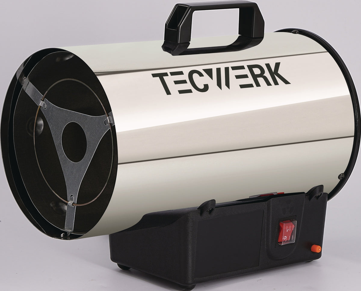 TECWERK Gasheizer 10 kW, 500 m³/h, 28 W – mit Druckminderer & Notabschaltung