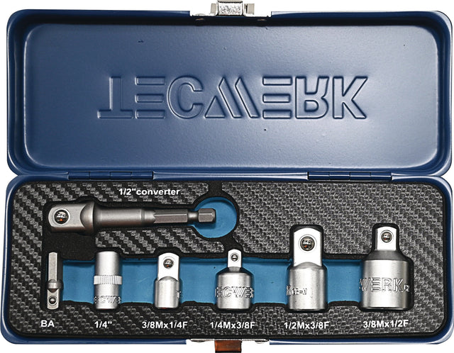 TECWERK Adaptersatz 7-teilig 1/4-1/2 Zoll inkl. Maschinenadapter – CV-Stahl, matt verchromt