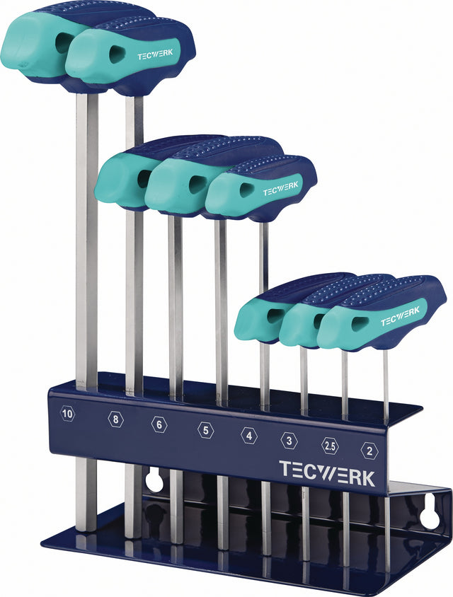 TECWERK Stiftschlüsselsatz 8-teilig SW 2-10 mm mit Quergriff im Werkbankständer