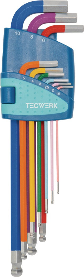 TECWERK Winkelschraubendrehersatz 9-teilig SW 1,5-10 mm lang, farbcodiert, Kugelkopf