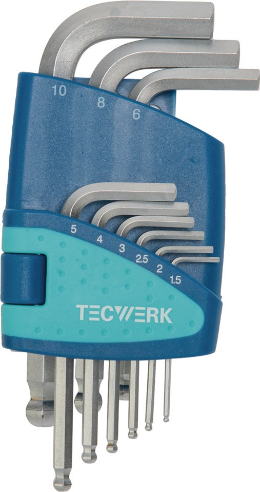 TECWERK Sechskantwinkelschraubendreher-Satz 9-teilig SW 1,5-10 mm mit Kugelkopf und Kunststoffhalter