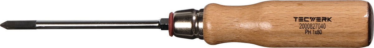 TECWERK Schraubendreher PH 1 mit Holzgriff, Rundklinge und 6-Kant Ansatz, 80 mm Klinge