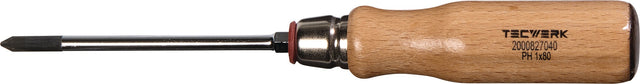TECWERK Schraubendreher PH 1 mit Holzgriff, Rundklinge und 6-Kant Ansatz, 80 mm Klinge
